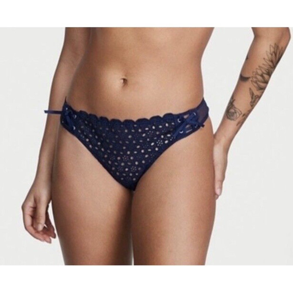 NWT Victoria's Secret Dream Angels Eyelet Lace-up Thong Panty‎ Sz XS - Navy Blue